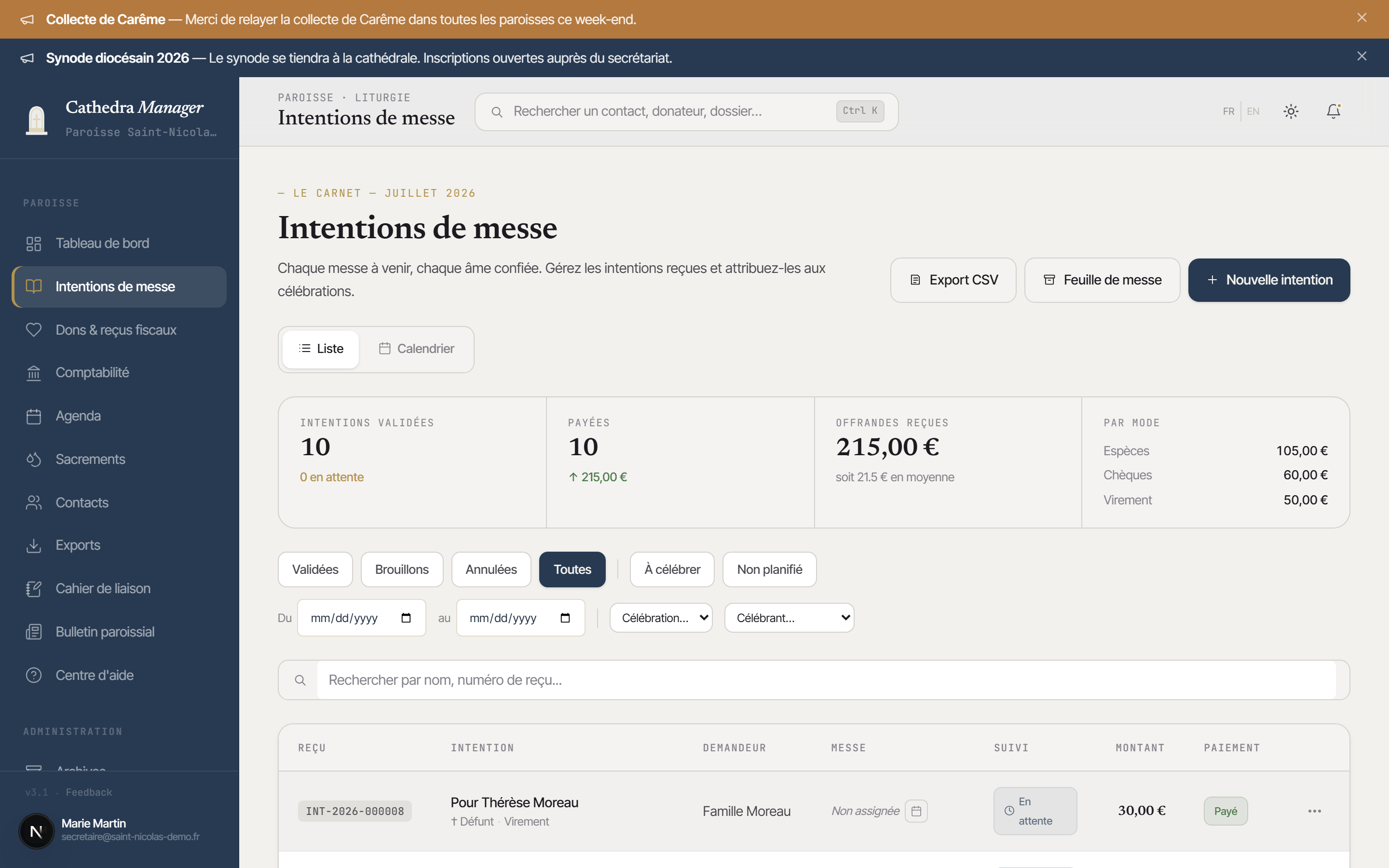 Intentions de messe